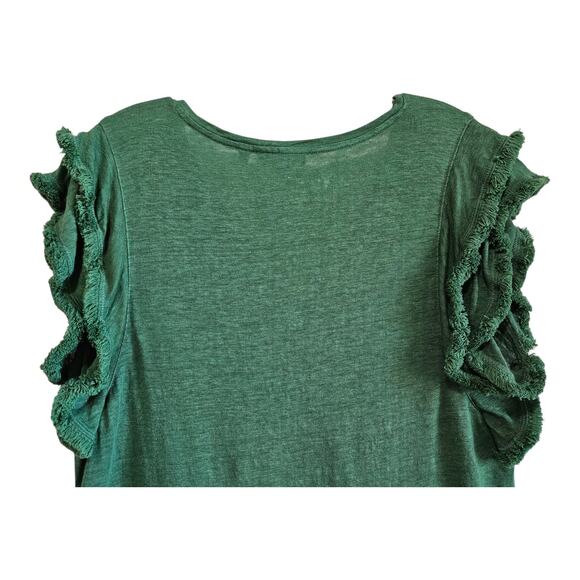 CHICO'S 2 Women's L 100% Linen Top Green Fringe Short Flutter Sleeve 38" - Picture 6 of 8